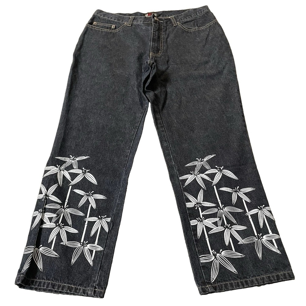 Vtg 70s NY Jeans Cropped Womens Sz 8 Blue Denim White Bamboo Print